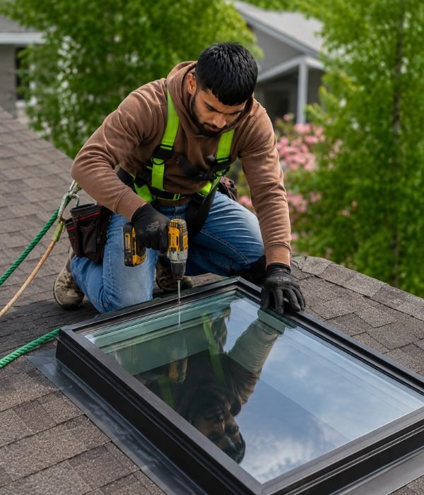 Roofer using a drill during skylight installation on a shingle roof
