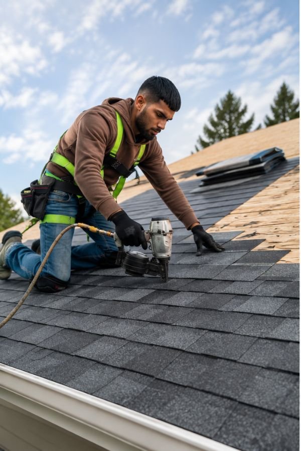 Roofer using a nail gun for roof repair on a shingle roof